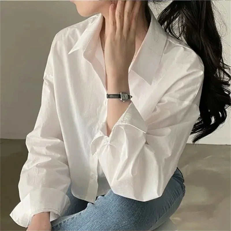 Spring New Casual Long Sleeve Women White Shirt Korea Style Solid Button Split Woman Crop Tops Blouse