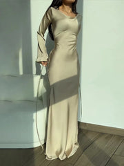 Long Dresses Fashion Simple Round Neck Satin Flare Sleeve Lace Up Slim Evening Party Dress