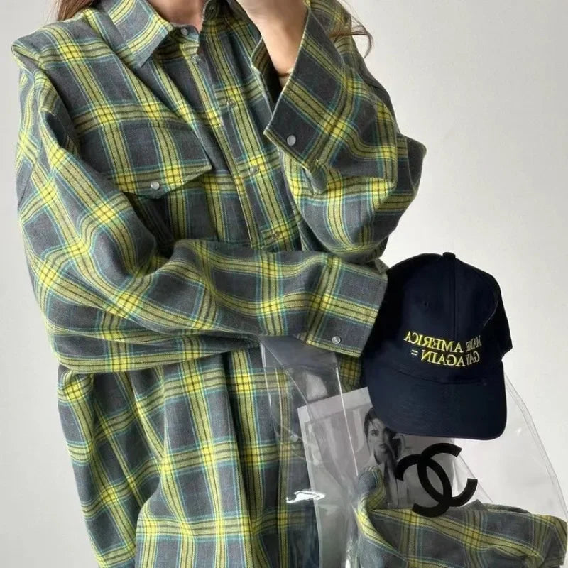 Women Oversized Plaid Shirt Vintage Long Sleeve Loose Fit Blouse