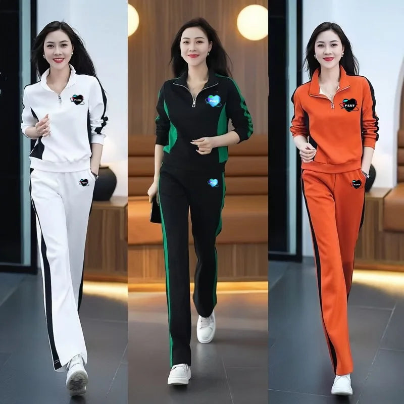 Casual Sports Suit for Women Stand-up Collar Sweatshirt Wide-leg Pants Two-piece Set