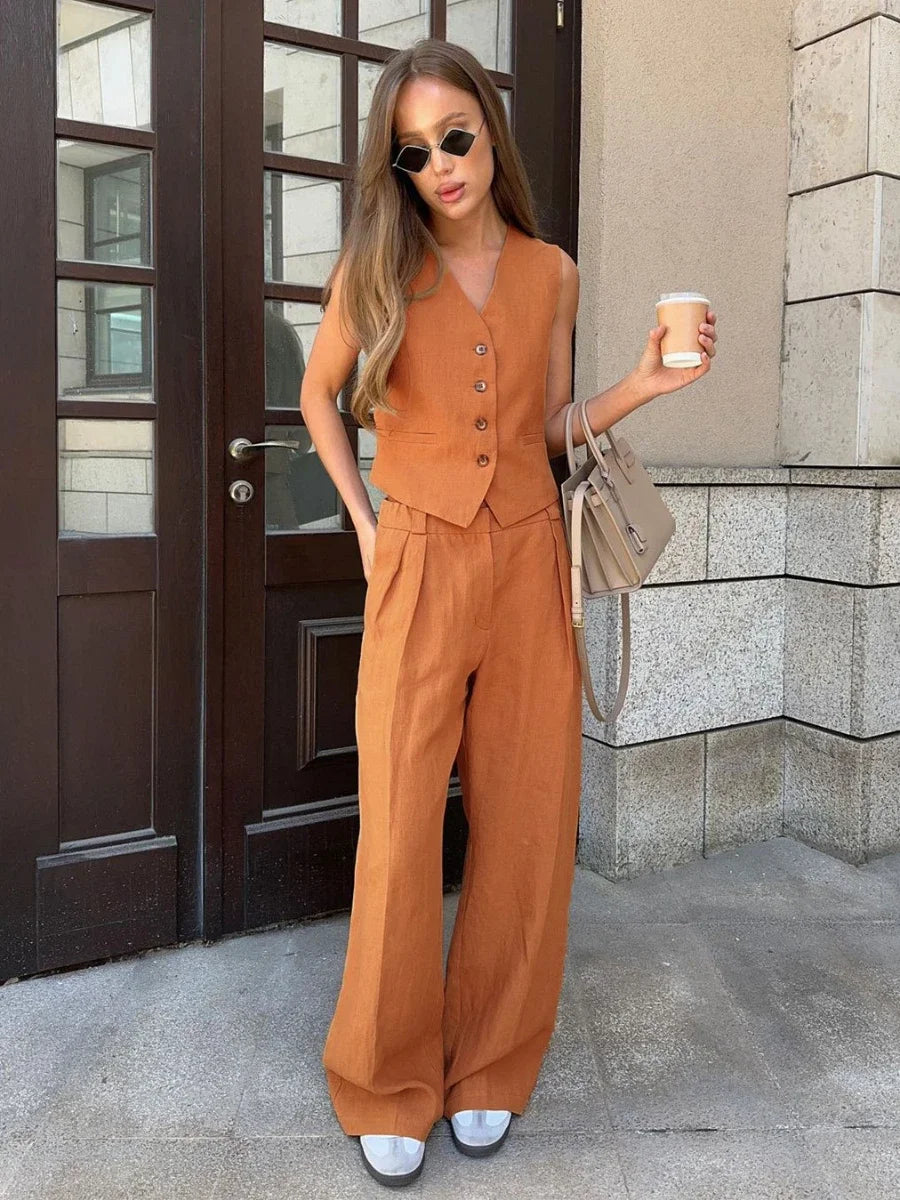 Womem Linen Cotton Chic Vest ＆ Pants Suit Two-Piece Set Office Ladies Summer Chic 2 Piece Sets Womens Outfits