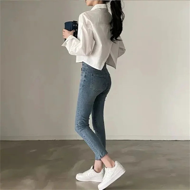 Spring New Casual Long Sleeve Women White Shirt Korea Style Solid Button Split Woman Crop Tops Blouse