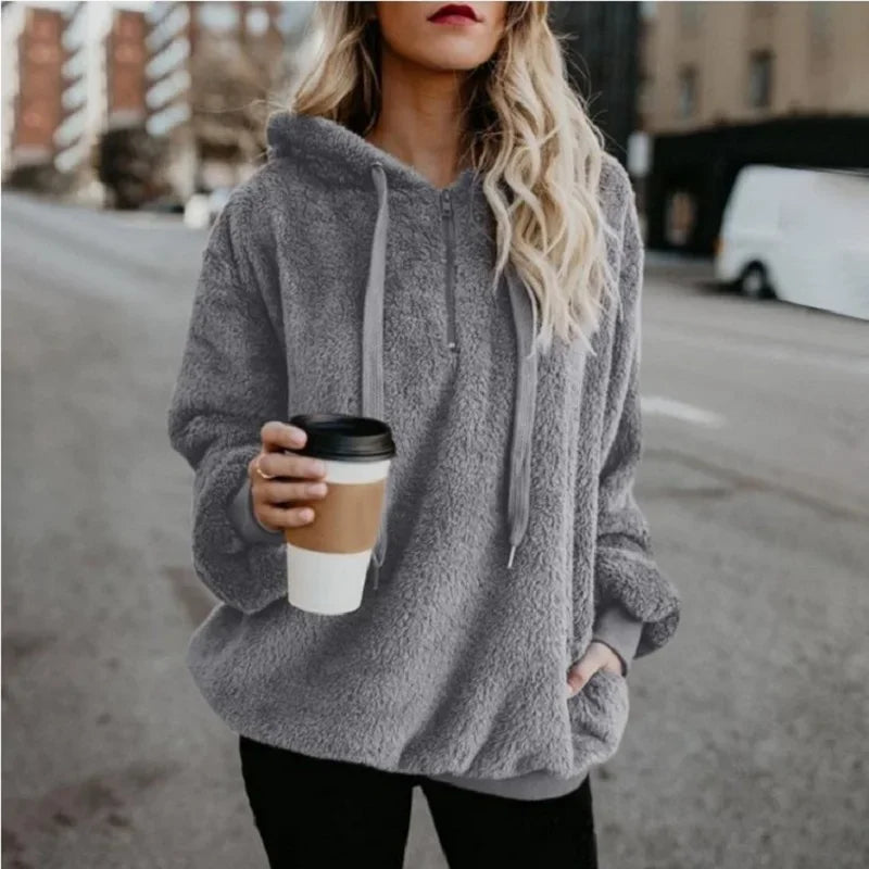 Women's Long-Sleeved Hooded Sweater, Monochromatic Coat