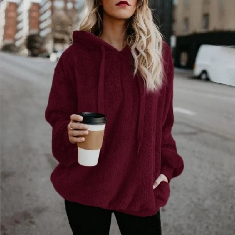 Women's Long-Sleeved Hooded Sweater, Monochromatic Coat