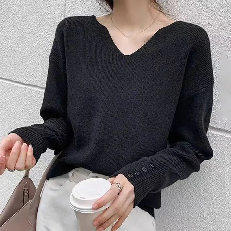 Autumn Winter Solid Color V-neck Casual Versatile Gentle Lazy Style Knit Long-sleeve Sweater Top