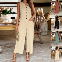 Fashion Sleeveless Jumpsuit With Button Design Casual Temperament Wide Leg Pants