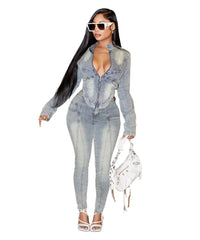 Trendy Denim Long Sleeve Top and Elastic Pants Set