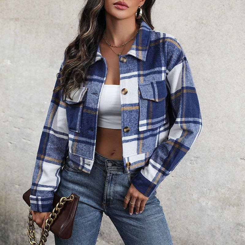 Plaid Lapel Cropped Jacket with Pockets - Fashion Button Long Sleeve