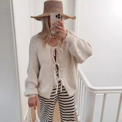 Fashion Round Neck Long Sleeve Top Lace-up Sweater