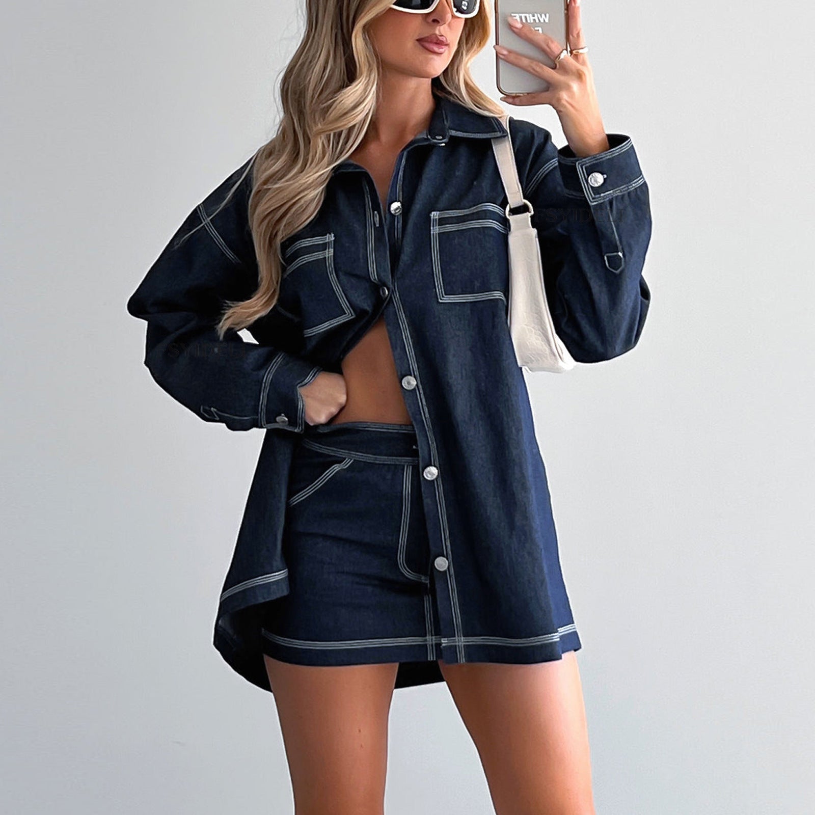 Fashionable Half-Length Denim Skirt and Shirt Jacket Set