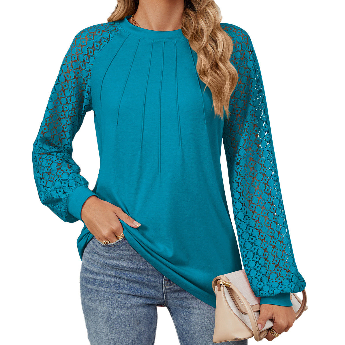 New Lace Long Sleeve Round Neck T-shirt Fashion Loose Solid Color Pullover Top