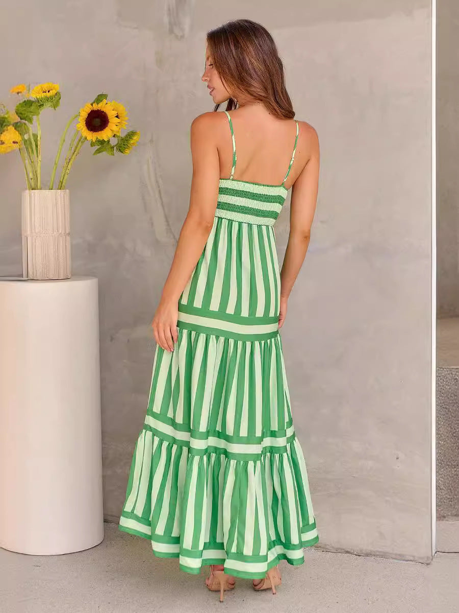 Trendy Striped Printed Suspender Long Dress for Summer | Backless with Pockets and Square Neck