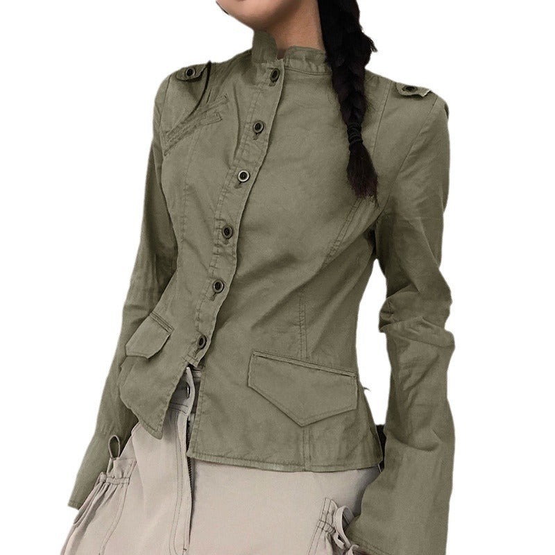 Stylish Women's Heavy-Duty Fashion Jacket with Stand Collar and Zipper Pockets