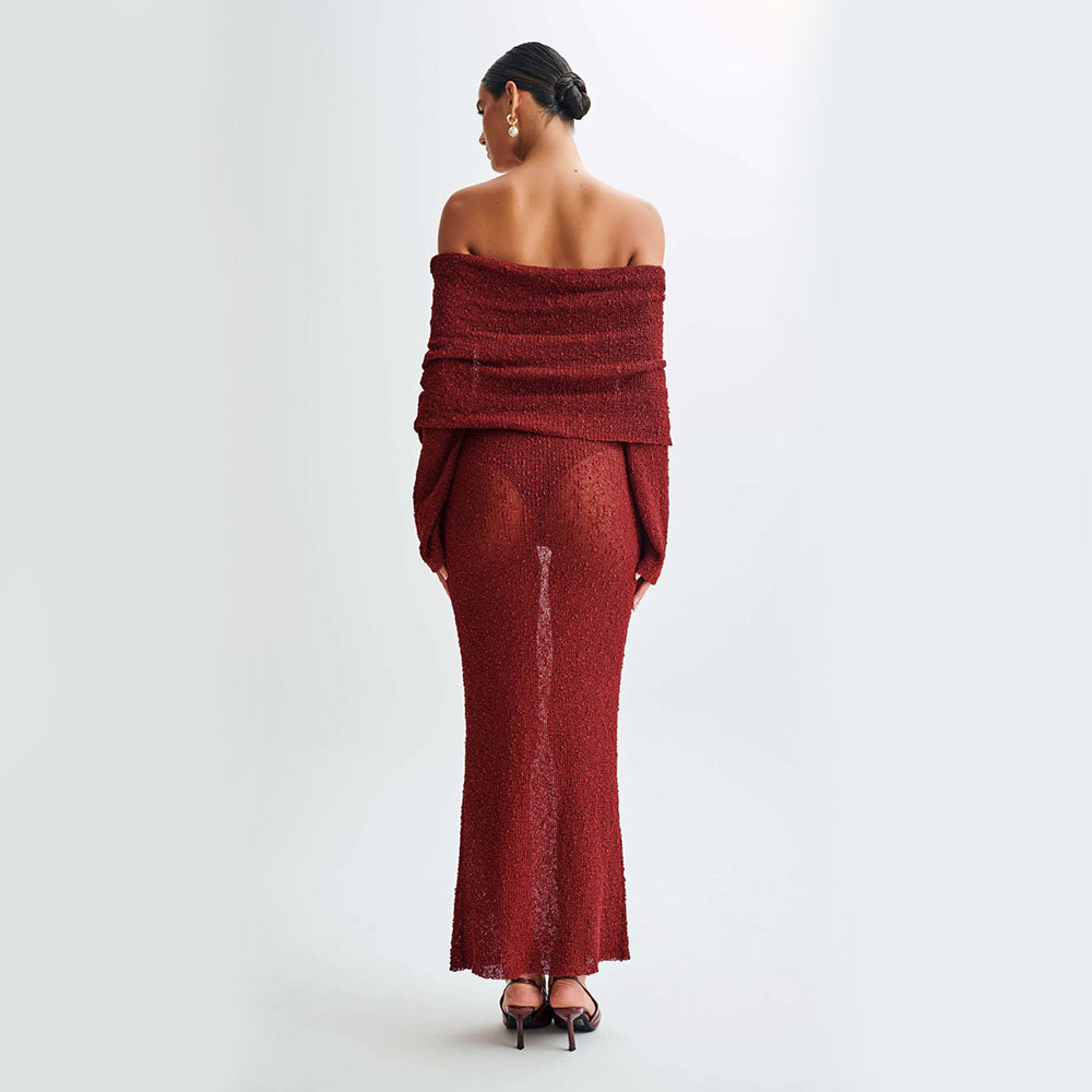 One-shoulder Knitted Long-sleeved Dress Sexy Beach Holiday Long Dresses