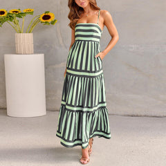 Trendy Striped Printed Suspender Long Dress for Summer | Backless with Pockets and Square Neck