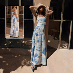 Flower Print Lace Sling Dress Sexy Backless Bow Suspender Long Dresses