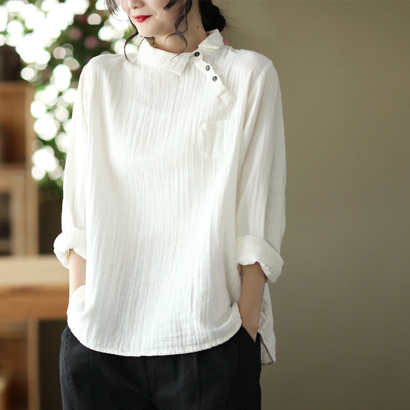 Vintage Women's Artistic Pullover Top – Long-Sleeved Double-Layer Cotton Yarn Shirt