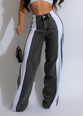 High Waist Straight Leg Denim Trousers: Three Stripe Patchwork Wide Leg Style