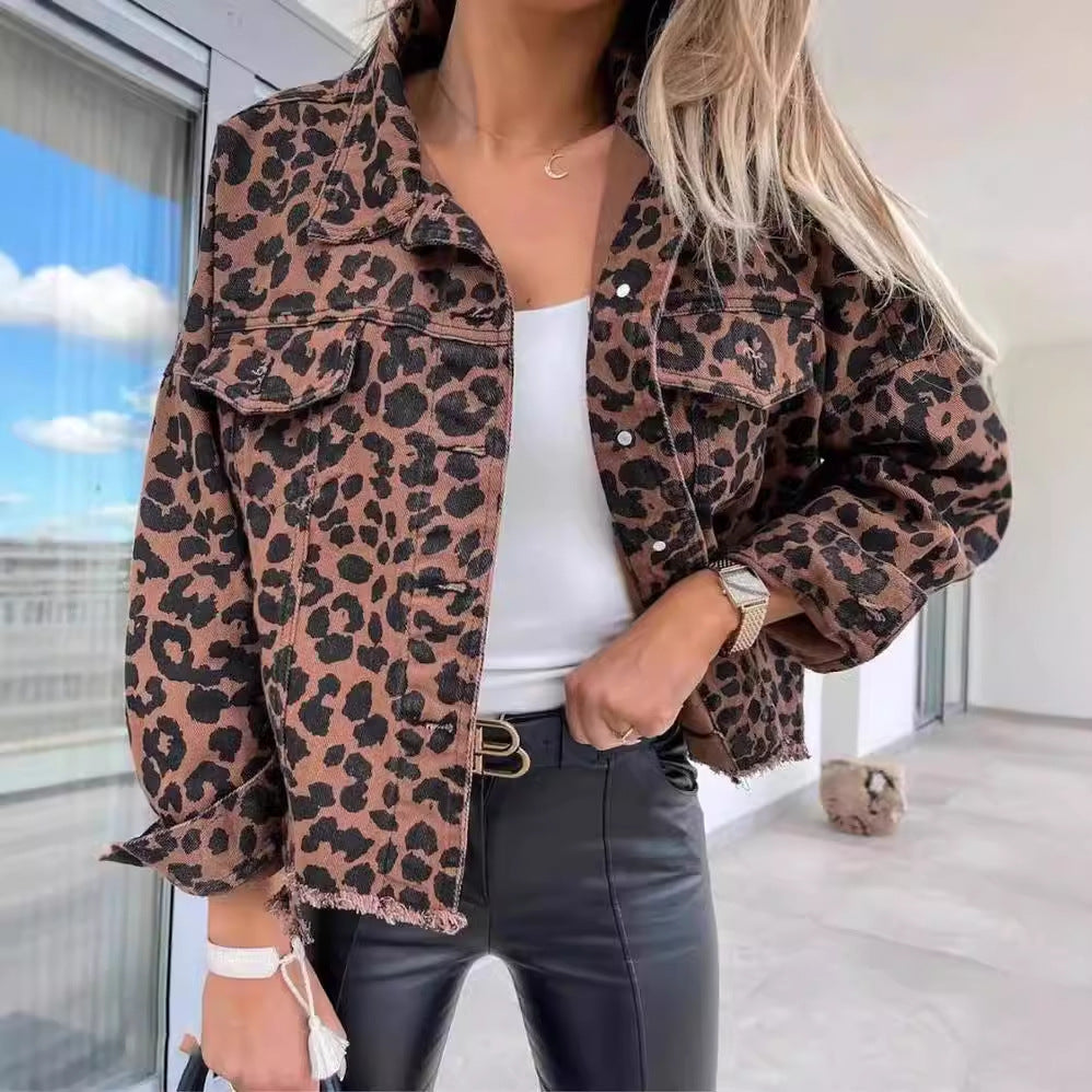 Women's Leopard Print Jacket With Pocket Y2K Fashion Lapel Single-breasted Denim Overcoat