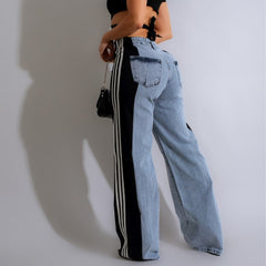 High Waist Straight Leg Denim Trousers: Three Stripe Patchwork Wide Leg Style