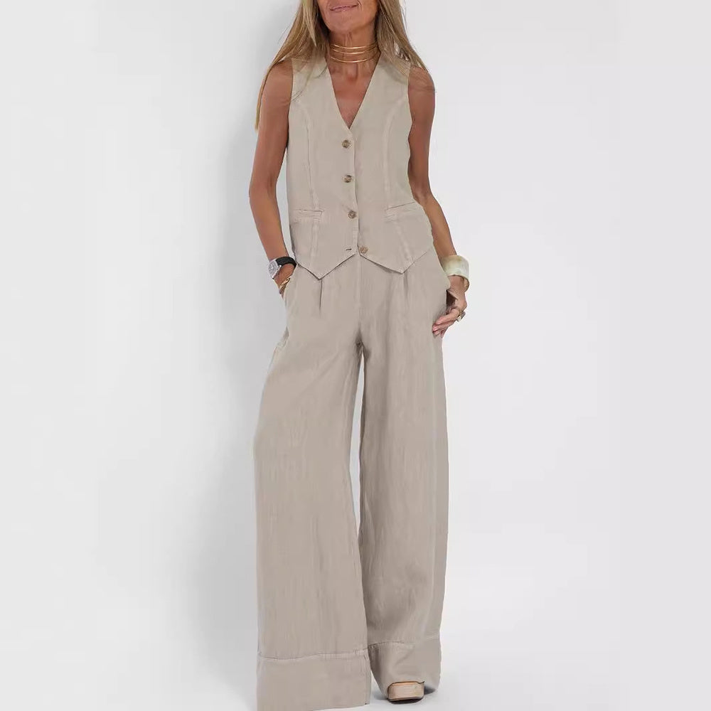 Summer Vest Suits V-neck Button Sleeveless Top And Loose Straight Trousers Casual