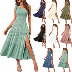 Trendy Women's One-Shoulder Pleated Dress: Summer Split Hem Style