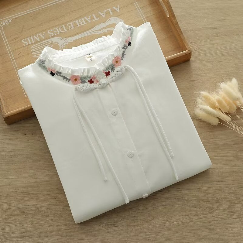 Elegant Ethnic Style Long Sleeve Shirt with Embroidered Knot Button