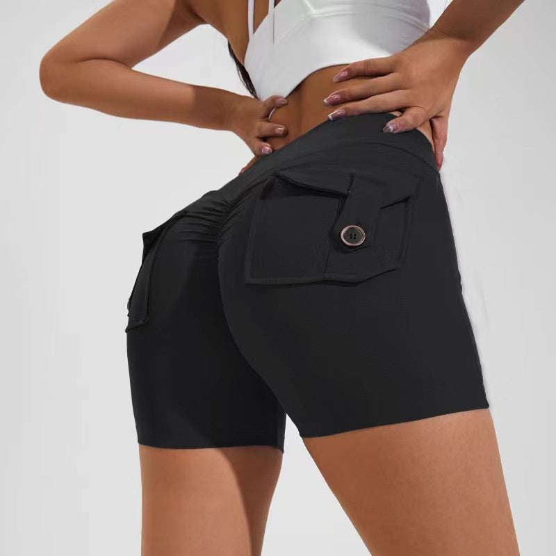 High Waist Hip Lifting Shorts With Pockets Quick Dry Yoga Fitness Sports