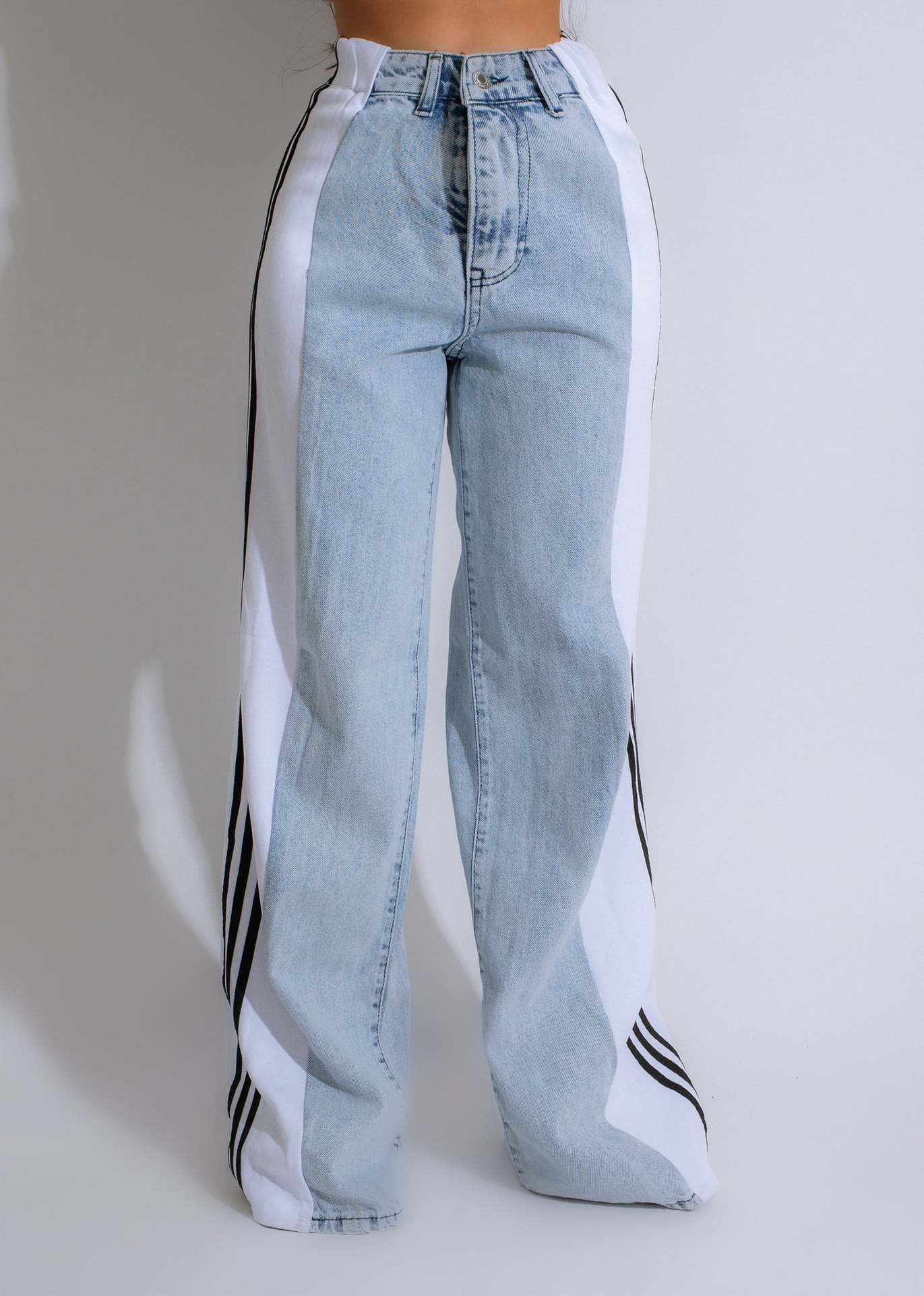 High Waist Straight Leg Denim Trousers: Three Stripe Patchwork Wide Leg Style