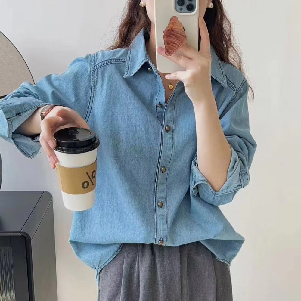 Trendy Blue Denim Long-Sleeve Shirt Jacket for Women