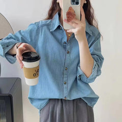 Trendy Blue Denim Long-Sleeve Shirt Jacket for Women