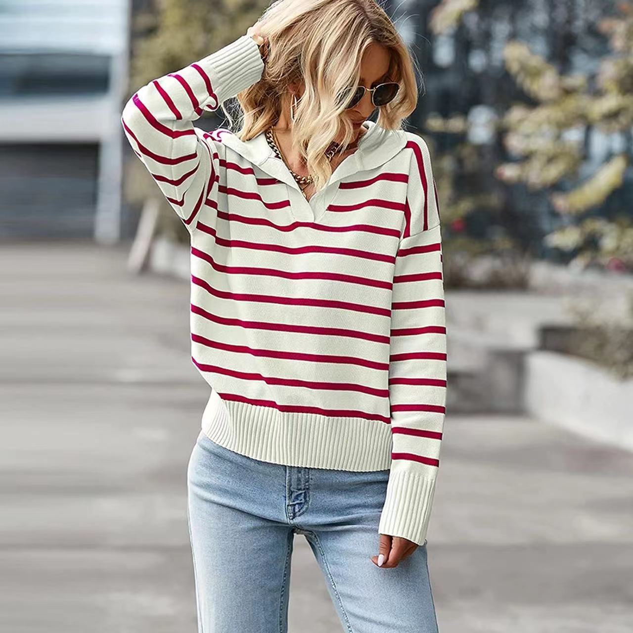 Casual V-neck Lapel Striped Sweater Fashion Long Sleeve Tops