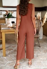 Fashion Sleeveless Jumpsuit With Button Design Casual Temperament Wide Leg Pants