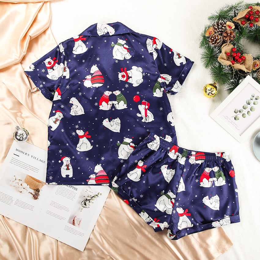 Satin Short-sleeved Pajamas Set For Women Christmas Print