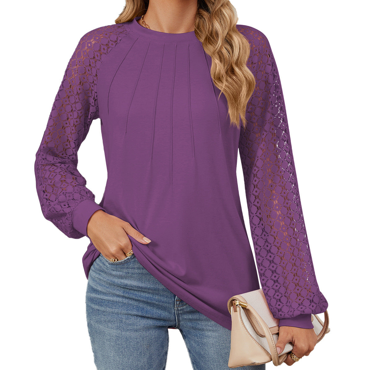 New Lace Long Sleeve Round Neck T-shirt Fashion Loose Solid Color Pullover Top