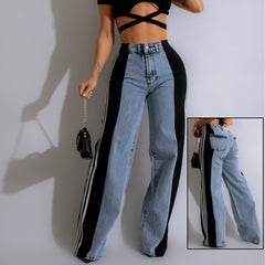 High Waist Straight Leg Denim Trousers: Three Stripe Patchwork Wide Leg Style