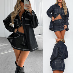 Fashionable Half-Length Denim Skirt and Shirt Jacket Set