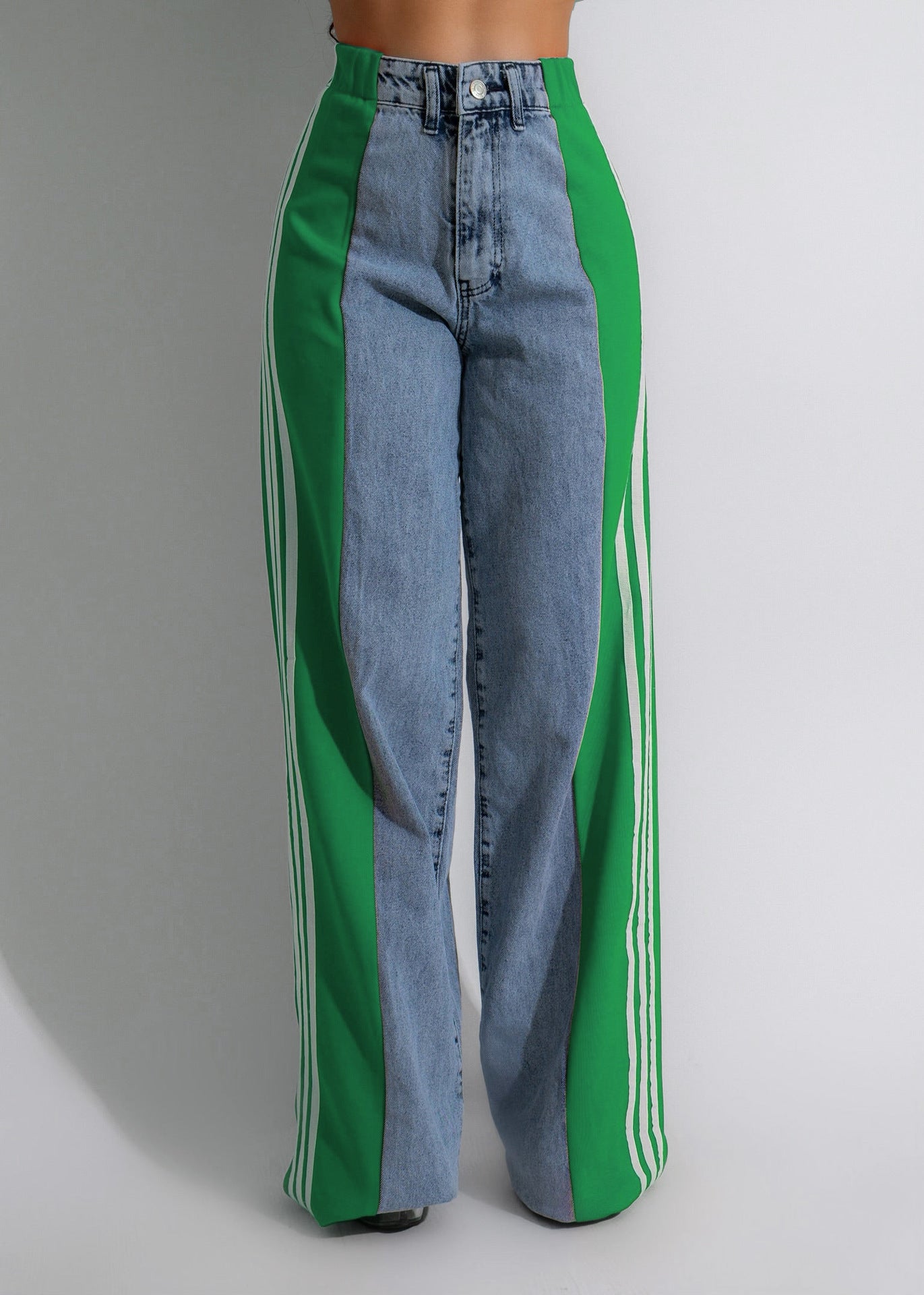 High Waist Straight Leg Denim Trousers: Three Stripe Patchwork Wide Leg Style