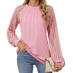 New Lace Long Sleeve Round Neck T-shirt Fashion Loose Solid Color Pullover Top