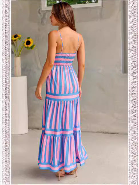 Trendy Striped Printed Suspender Long Dress for Summer | Backless with Pockets and Square Neck