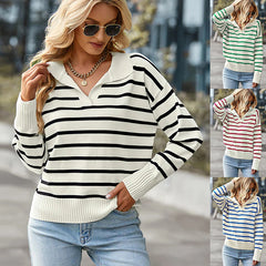 Casual V-neck Lapel Striped Sweater Fashion Long Sleeve Tops