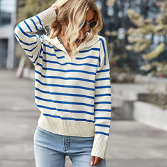 Casual V-neck Lapel Striped Sweater Fashion Long Sleeve Tops