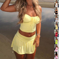 Y2K Summer Suit for Women: Sleeveless Tube Top & Pleated Mid-Length Skirt Dress Set