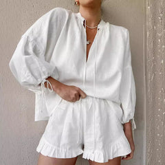 Lace-up Suits Loose V-neck Lantern Sleeve Top And Ruffles Shorts Solid Two-piece Set